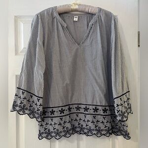 Seersucker Blue & White Striped V-Neck Blouse with Detailed Embroidery